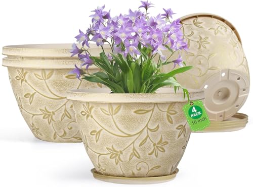 Nooulap 4 Pack 10 Inch Plant Pot with Drainage & Saucer - color: Beige, size: 10 inch