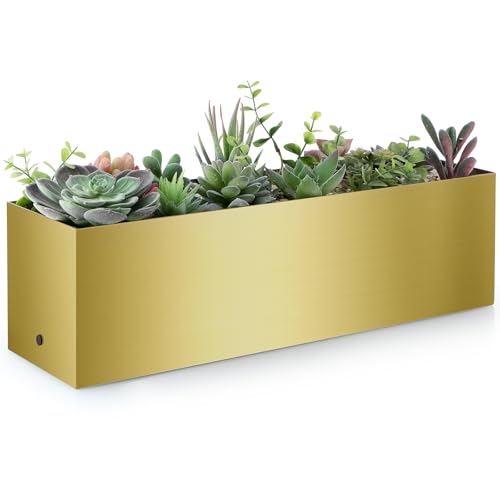 17" Large Stainless Steel Planter Box with Drain Holes and Water Reservoir, Rectangle Succulent Trough Planter Pot for Indoor Outdoor Windowsill, Table Decor (Brushed Gold) - color: Gold