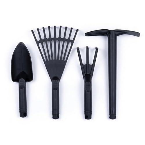 Mintra Garden Tool Set, 4-Piece Heavy Duty Gardening Tools, Includes Cultivator, Trowel, Shovel & Rake, Durable Poly Material & Non-Slip Handle, Planting, Potting, Yard Work, Landscaping – Black - color: Black