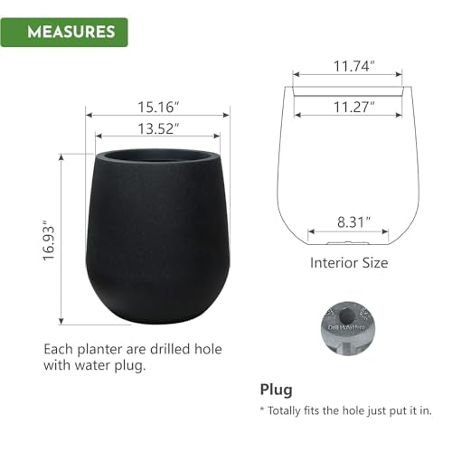 16.9" H Large Tall Plastic Black Planter w/ Drainage Holes and Plug - color: Black, size: 16.93"