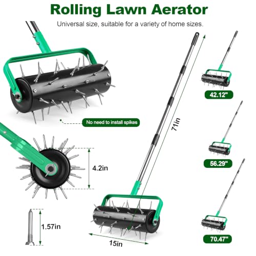 15" Rolling Lawn Aerator, Heavy Duty Push Spike Aeration Tool with 42 Spikes, Filled Pull Behind Garden Drum Roller with 71" Adjustable Handle, Soil Penetrator Push Lawn Aeration for Garden Yard Farm