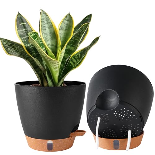 2 Pack 8 Inch Pots for Plants Indoor, Plastic Self Watering Planters - color: Black, size: 8 inch
