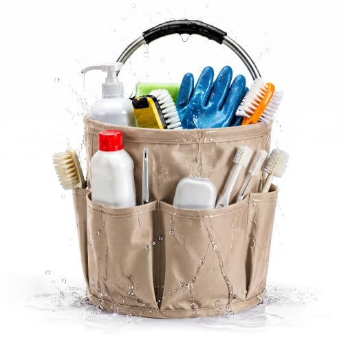 Cleaning Supply Caddy, 17L Foldable Cleaning Caddy with Handle and 6 Pockets, 600D Oxford Fabric Portable Shower Caddy, Bucket Bag for Cleaning Products, Camping, Khaki - color: Khaki