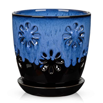 6 inch Orchid Pots with Holes Blue Black Ceramic Orchid Pot for Repotting - color: Blue&black