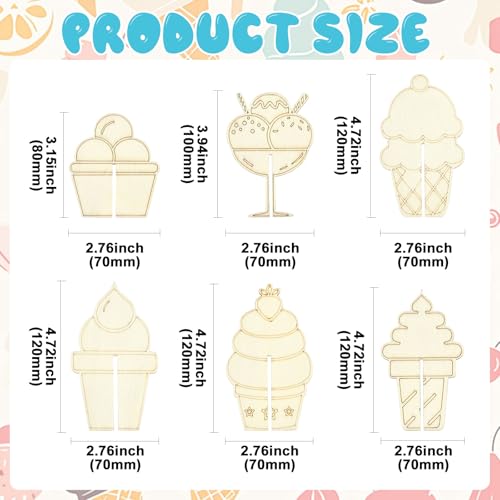 Ipotkitt 24pcs 6 Styles DIY 3D Ice Cream Wood Crafts to Paint Unfinished Wood Dessert Slices Food Wooden Table Decorations Wooden Ornaments for Painting DIY Art Craft Decorations - color: Unfinished Wood Dessert Slices_24pcs