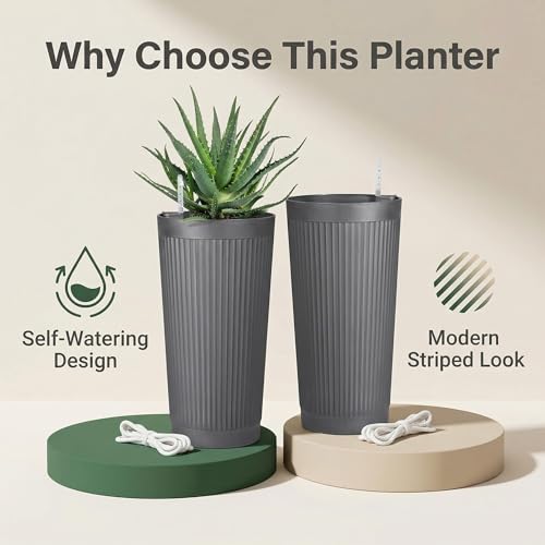 TUYOHW 24 Inch Tall Round Plastic Planter with Self Watering System, Large Indoor Outdoor Planter for Home, Patio, Garden - color: Gray-round