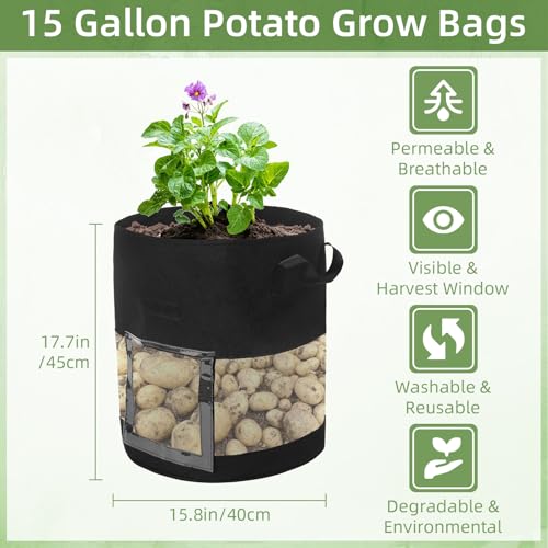 6 Pack 15 Gallon Visible Potato Grow Bags, Thickened Nonwoven Fabric Pots Potato Growing Containers with Handles & Visible Flap, Plant Grow Bags for Growing Potatoes, Tomatoes, Flowers, and Vegetables - size: 15 Gallon