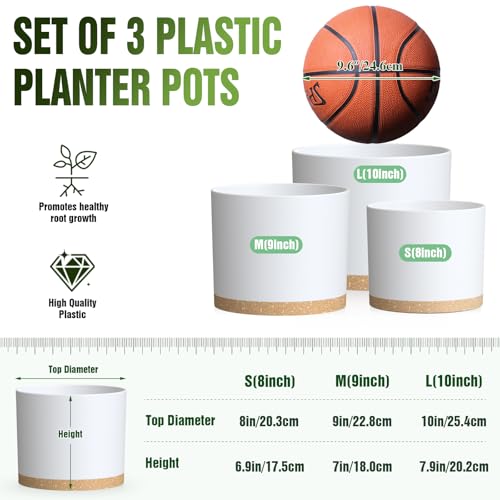 10/9/8 Inch Plant Pots 3 Pack, with Drainage Hole & Saucers - color: Matte White&brown