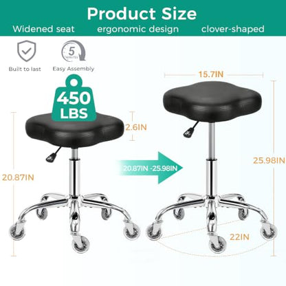 Heavy Duty Rolling Stool with Rubber Wheels, Ergonomic Seat, 450lb
