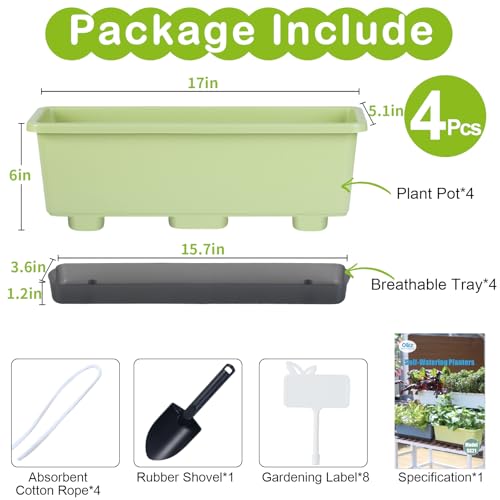 Window Box Planter 4 Packs, 17 Inches Rectangle Flower Pots with Drainage Holes & Trays, Pots for Vegetables, Herbs, Flowers, Garden Windowsill Balcony (Light Green, 17 * 5.1 * 6 inch) - color: Light Green