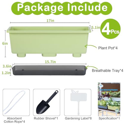 Window Box Planter 4 Packs, 17 Inches Rectangle Flower Pots with Drainage Holes & Trays, Pots for Vegetables, Herbs, Flowers, Garden Windowsill Balcony (Light Green, 17 * 5.1 * 6 inch) - color: Light Green