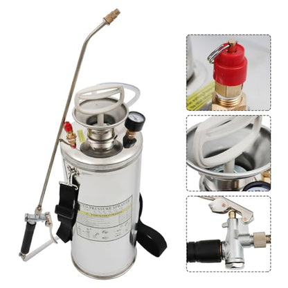 2 Gallon Stainless Steel Sprayer 20" Wand and 3FT Reinforced Hose Hand Pump Sprayer with Pressure Gauge Safety Valve with Adjustable Nozzle Weed Sprayers for Lawn Gardening