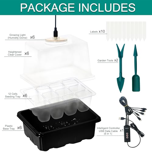 6-Set Seed Starter Tray with Grow Light, Seed Starting Trays Kits with Timing Controller Adjustable Humidity Domes Heightened Lids(12-Cells Per Tray) - color: Black 6-set
