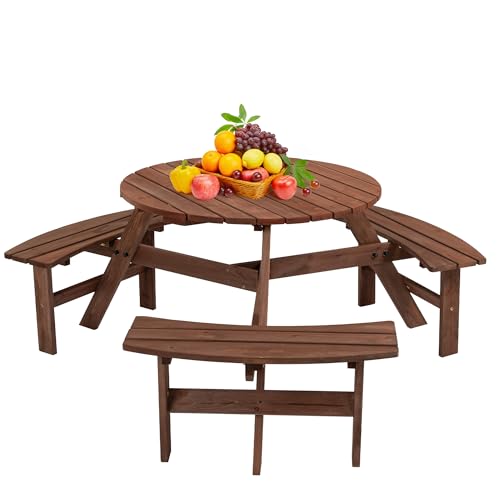 6 Person Outdoor Picnic Table, Wooden Picnic Tables with 3 Built-in Benches Table and Chairs Set with Umbrella Hole Outside Table and Bench Round Picnic Table Patio Tables for Garden, Backyard, Porch - size: 6Person-Brown