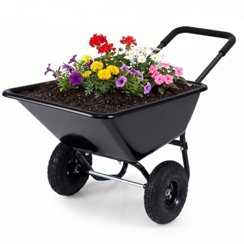 Goplus 2 Wheel Wheelbarrow, 330 LBS Utility Garden Cart with 10” Pneumatic Tires & Handle, 21 Gal Volume, Yard Dump Cart Wheel Barrow, Heavy Duty Wheel Barrow for Lawn (Black Handle+Black Cart) - color: Black Handle+black Cart