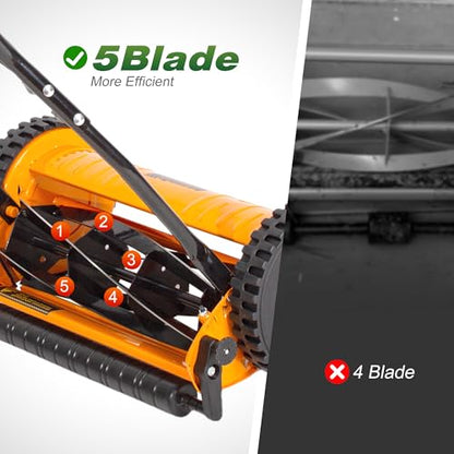 Walensee 14-Inch Manual Lawn Mower, 5-Blade Push Reel, 4 Heights - size: 14-Inch No Catcher