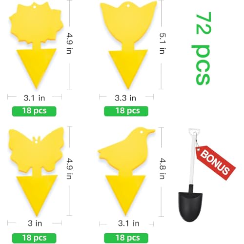 72 Pcs Classic Sticky Traps for Fungus Gnat (Plants), Flying Insect, Whitefly and Fly, Yellow Sticky Insect Catcher Traps for Indoor/Outdoor, Kitchen, and Plants, High-End Glue, Non-Toxic, 4 Shapes - color: Yellow