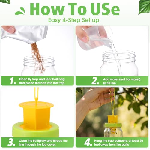 12 Pack Fly Traps Outdoor, Reusable Fly Catcher Bottles with Bait Hanging Flies Traps with Non-Toxic Dissolvable Bait Refills for Flying Insect Drain Patio Garden Yard Barn Outdoor