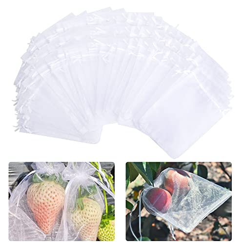 6x8 Inch 100 Pieces Organza Fruit Netting Bags - Fruit Protection Bags with Drawstring, Garden Plant Net Barrier Bag for Tomatoes, Grapes, Mangoes - color: White, size: 6 x 8 Inch