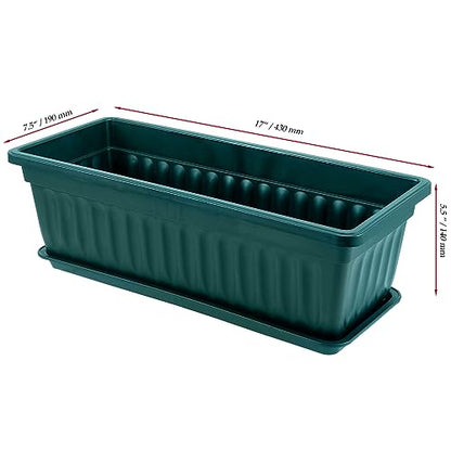 JOIKIT 6 Packs 17 x 7.5 x 5.5 Inch Plastic Window Planter Boxes with Trays, Plastic Vegetable Planter with 30 Plant Label, Countryside Flower Box Pot for Garden Windowsill Patio Balcony, Dark Green - color: Green