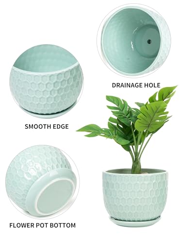 Ceramic Flower Pots with Drainage Hole and Saucer, Modern Round Succulent Planters with Honeycomb Inspired Texture Design, Small to Medium Sized, Set of 3, Green - size: 6.4"+5.2"+3.7" - Set of 3, style: Honeycomb