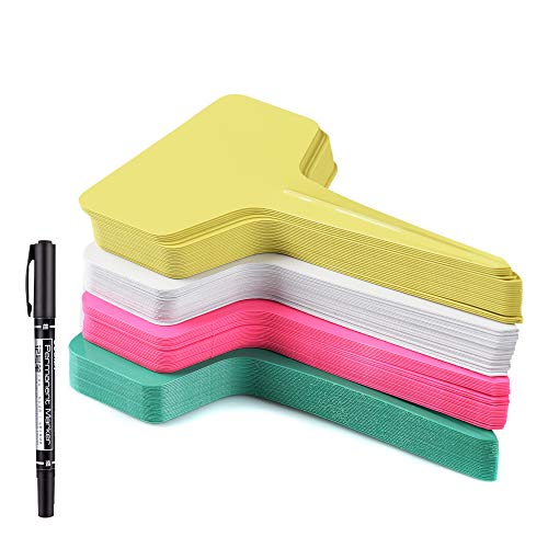 MIHEY 100 Pcs T-Type Plant Labels Tags Garden Markers with Gel Pen, 4 Color - color: Multicolored