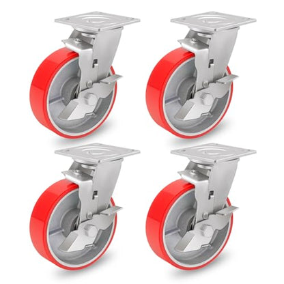 Nefish 6 Inch Industrial Casters Set of 4 Heavy Duty No Noise Polyurethane Wheel on Steel Hub, Workbench Casters with Brakes 4800 Lbs, Plate Swivel Casters for Toolbox Workbench (4 Swivel & Brakes) - size: 6 IN （Brake）