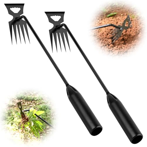 BokingOne Weed Puller Tool Garden Weed Pulling Tool, 4-Tine Manganese Steel Weeder Tool - Black Coated Forged Portable Garden Hand Weeder for Farm, Orchard & Garden (2Pack) - color: 5-Tine black