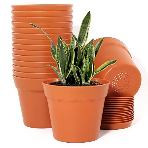 WOUSIWER 16 Pack 6 inch Plastic Planters, Plastic Indoor Planter Flower Pots, Heavy Duty and Stylish 6 Inch Plant Pots for Indoor Plants with Drainage Holes and Tray for Plants, Flowers, Terracotta - color: Red