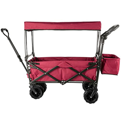 Happbuy Collapsible Wagon with Removable Canopy, 220lbs Heavy Duty Foldable Beach Wagon with Big Wheels - color: Red