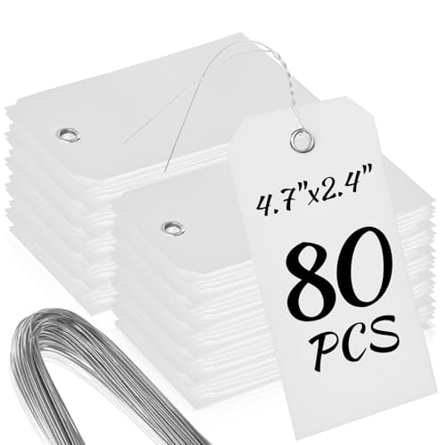 80 Pcs Plastic Tags with Wire,4 3/4" x 2 3/8" Waterproof Shipping Tags,White Blank Tags Bulk for Home Office Warehouse Farm Garden Luggage (White) - color: White
