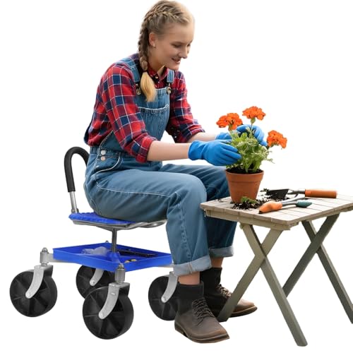 Rolling Garden Work Seat with Wheels | Stable Workseat Sturdy Carts Adjustable Seat Height and Direction with Tool Tray | Garden Chair for Outdoor, Patio and Yard, Blue Blue - color: Blue