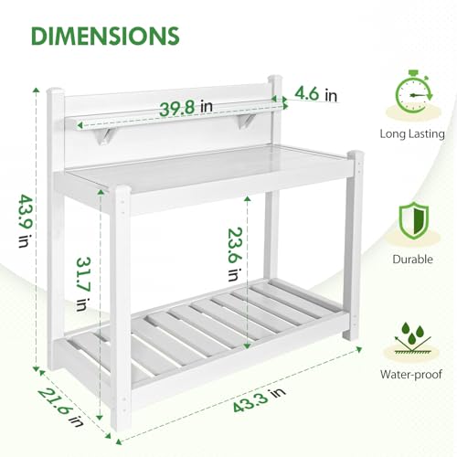 EAGLE PEAK Potting Bench, Weatherproof Vinyl Potting Table for Outdoor & Indoor Use, Easy Clean Garden Workstation with Storage Shelves, White, 40"