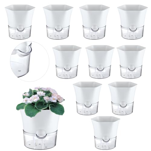 10-Pack 4.33" Clear Self Watering Pots for Indoor Plants Large Hexagon Self-Watering Planters Orchid Pots Plastic Wick Flower Plant Pots for African Violet, Spider, Herbs, Home Decor, White and Clear - size: 4.3"
