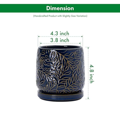 D'vine Dev Embossed Leaves Ceramic Planter, 4 in, Midnight Blue, 27-A-Z-3 - color: Midnight Blue, size: 4 Inch