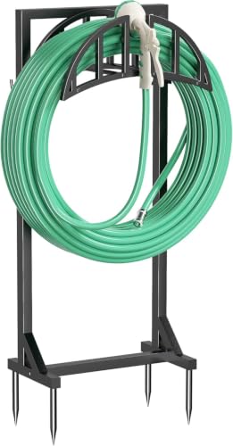 YQSLYSF Garden Hose Reel Holder, Water Hose Stand with 4 Stake and 2 Tool Hooks, Heavy-Duty Metal Hose Storage Holds 150Ft, Freestanding Hose Hanger Rack for Outside, Yard, Lawn, Farm（White） - color: Textured Black