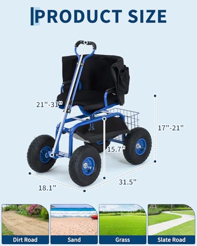 Heavy Duty Rolling Garden Work Seat – 360° Swivel Adjustable Stool, Extendable Handle, 10" All-Terrain Wheels, 400 lbs Capacity, Steel Double Frame with Backrest & Armrest – Blue - color: Blue, size: With Backrest