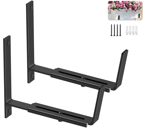 Y&M 2 Pack Adjustable Planter Box Brackets (6 to 12.5 in), Universal Window Box Brackets, Heavy Duty Iron Flower Box Wall Mounting Hooks for Balcony, Fences, Patio, and Garden - Black - size: 2pcs Black