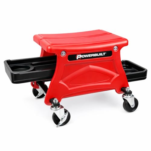 Powerbuilt Rolling Garage Seat with Tool Trays, Smooth Ball Wheel Bearing Casters 300 Pound Capacity Stool, Detailing, Motorcycle, Gardening - 240283 - size: Compact