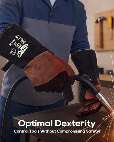 TOPDC Welding Gloves 16Inch 1000℉ Heat Resistant Leather for MIG Stick, S - color: 16 Inch Black-brown (Small)