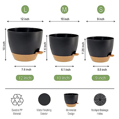 UOUZ Large Self Watering Pots, 12/10/9 Plastic Planters with High Drainage Holes and Deep Reservoir for Indoor Outdoor Garden Plants and Flowers, Black with Brown - color: Black With Brown