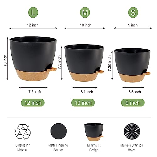 UOUZ Large Self Watering Pots, 12/10/9 Plastic Planters with High Drainage Holes and Deep Reservoir for Indoor Outdoor Garden Plants and Flowers, Black with Brown - color: Black With Brown