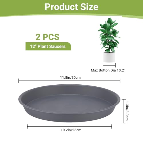 GREANER 12 Inch Grey Plant Saucers, 2 Packs of Planter Drip Trays for Pot, Heavy Duty Plastic Flower Saucers for Indoors, Bird Bath Bowls Only - color: Gray, size: 12"- 2 Packs