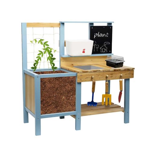 Kids Potting Bench for Outdoor, Fir Wood Gardening Station with Transparent Planter Box, Outside Activity Wooden Table with Sink,Faucet, Garden Accessories, Mud Kitchen for Kids 3+