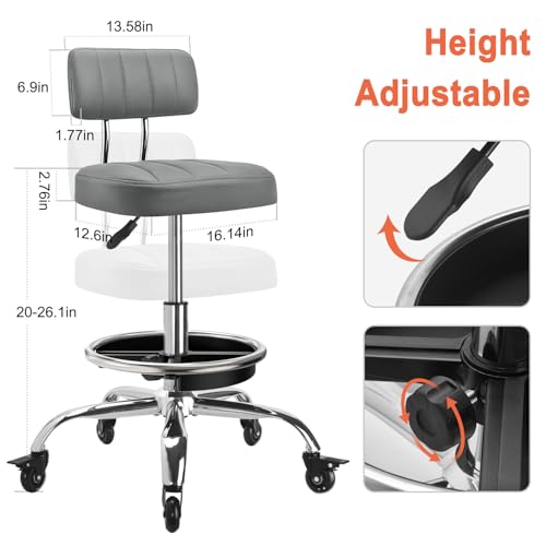 Garage Mechanic Stool with Backrest, Height Adjustable Heavy Duty Swivel Task Chair, Rolling Workshop Stool with Tool Tray Storage, Mechanic Chair for Garage, Shop, Auto Repair (Grey) - color: Grey
