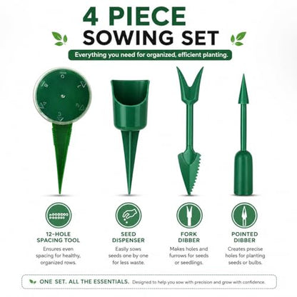 4PCS Garden Seed Planting Tool Kit, Hand Seeder with 12-Hole Dibber and Transplanting Tools, Mini Gardening Tools Set for Vegetable, Flower, Herb and Seed Sowing for Lawn Garden Farm Yard