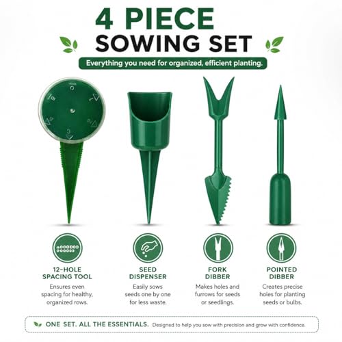4PCS Garden Seed Planting Tool Kit, Hand Seeder with 12-Hole Dibber and Transplanting Tools, Mini Gardening Tools Set for Vegetable, Flower, Herb and Seed Sowing for Lawn Garden Farm Yard