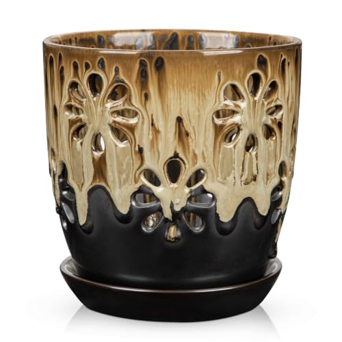 6 inch Orchid Pots with Holes Brown Black Ceramic Orchid Pot for Repotting - color: Brown&black