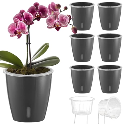 Self Watering Pots for Indoor Plants, 6-Pack 5'' Self Watering Planter with Drainage Holes, Small African Violet Pots with Water Indicator, Clear Wick Orchid Pot, Grey Gold - color: Grey Gold/6 Pack, size: 5"