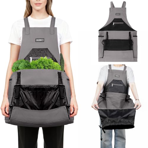 Garden Apron,Harvest Aprons with Drawstring Bag and Pockets for Women and Men,Canvas Fruit Picking Apron - color: Grey